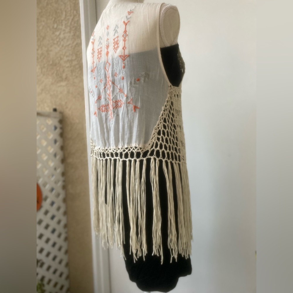 kori america desert vibes embroidered crochet macrame fringe kimono vest
